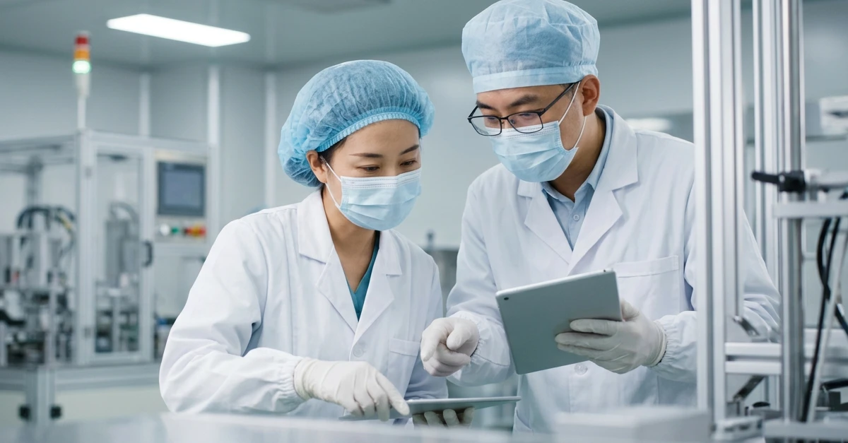 Two Chinese medical device technicians, a woman and a man wearing white lab coats, surgical caps, face masks, and protective gloves, stand side by side in a sterile cleanroom environment.