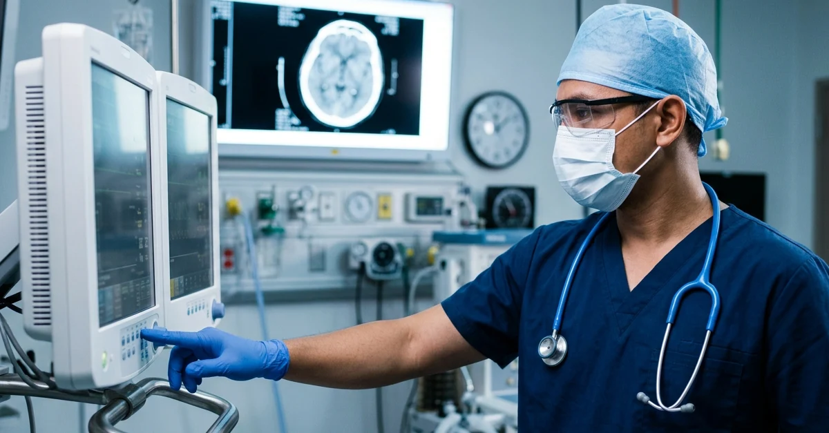 An Indonesian male medical professional in profile, wearing dark blue scrubs, a blue surgical cap, safety glasses, a white mask, and a blue-tubed stethoscope, presses a button on a dual-monitor medical control panel in a clinical operating setting.