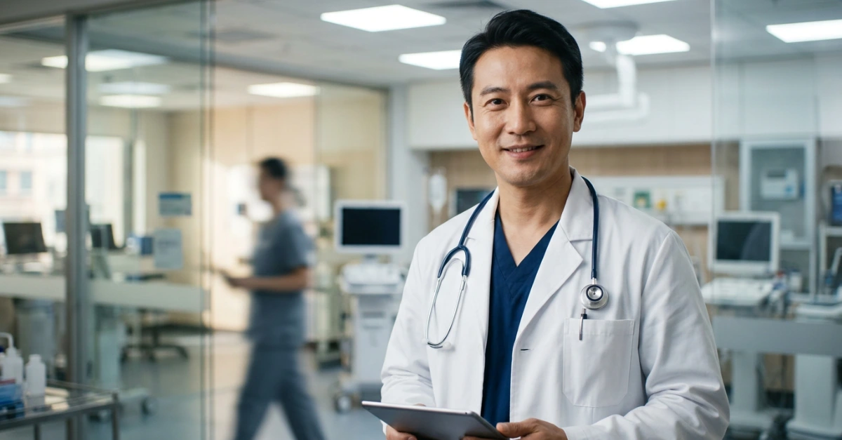 Detailed Description (for accessibility) A professional stock photo featuring an East Asian male doctor in his late 30s or early 40s wearing a crisp white lab coat over dark blue scrubs, with a stethoscope draped around his neck.