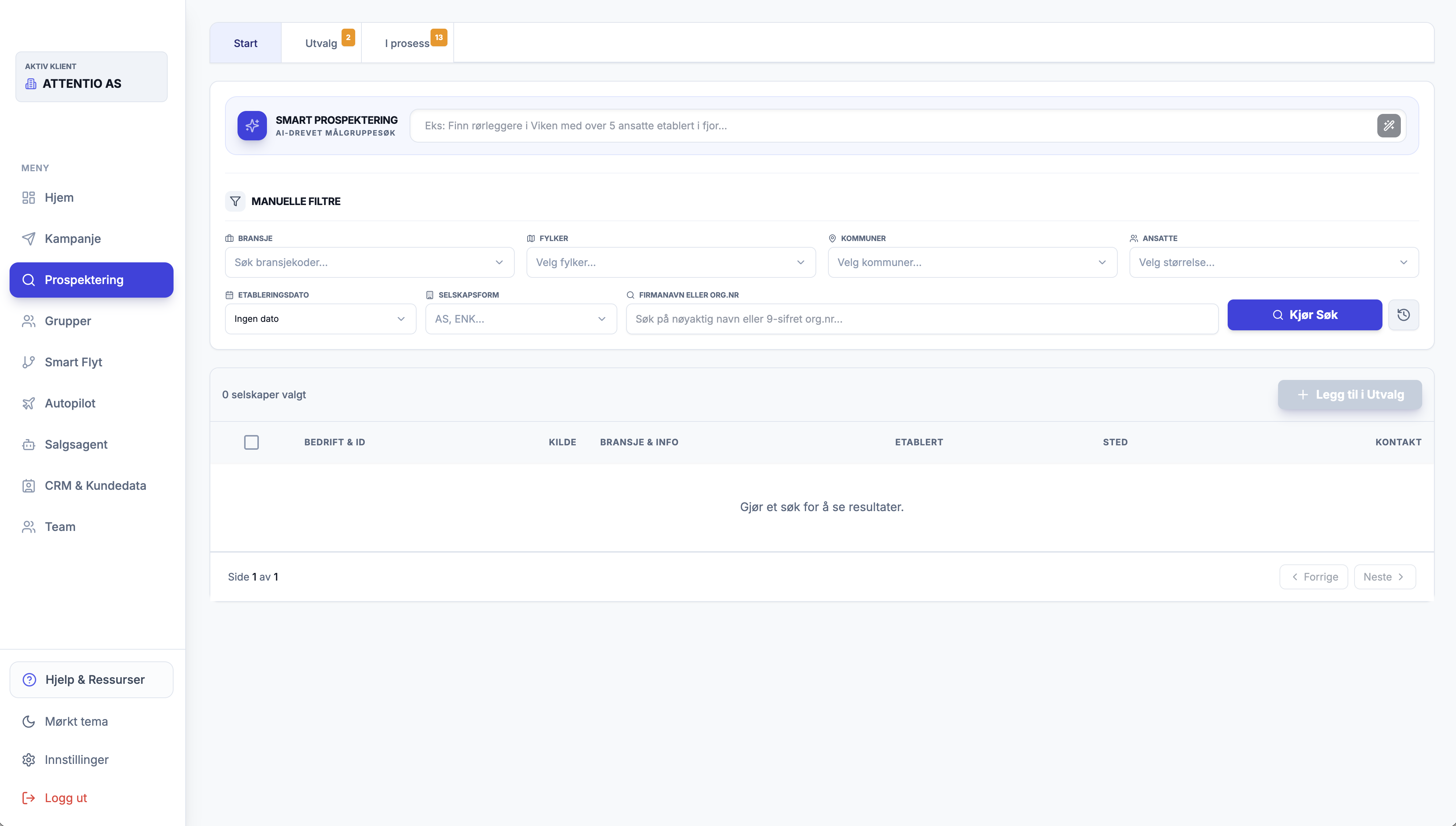 User interface showing prospecting search filters including industry, counties, municipalities, employees, establishment date, company type, and company name with a search button.