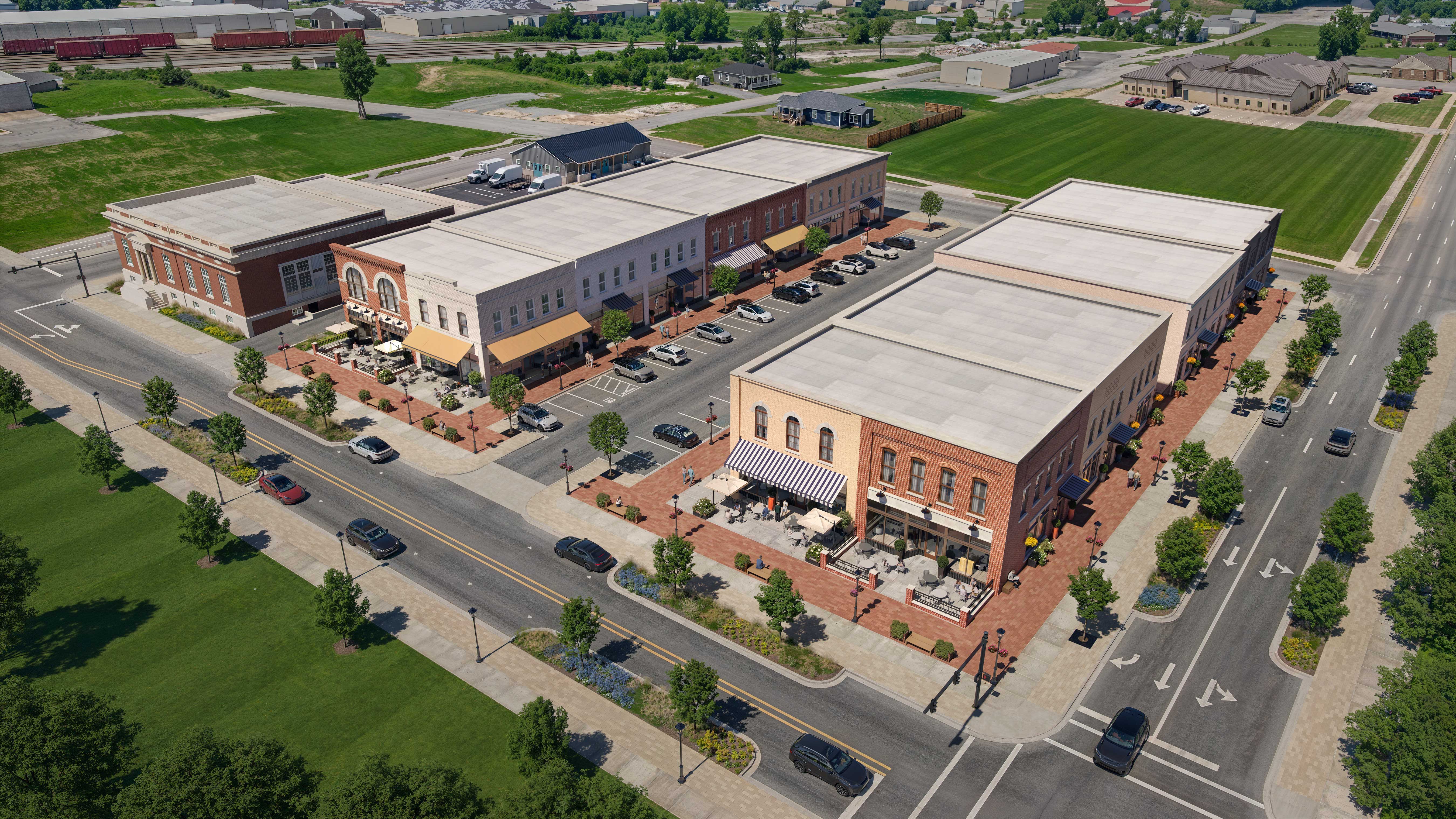 A concept rendering of Mayfield's downtown redevelopment planned by MKIA showing projected new buildings between the Mayfield Post Office and North 8th street. 