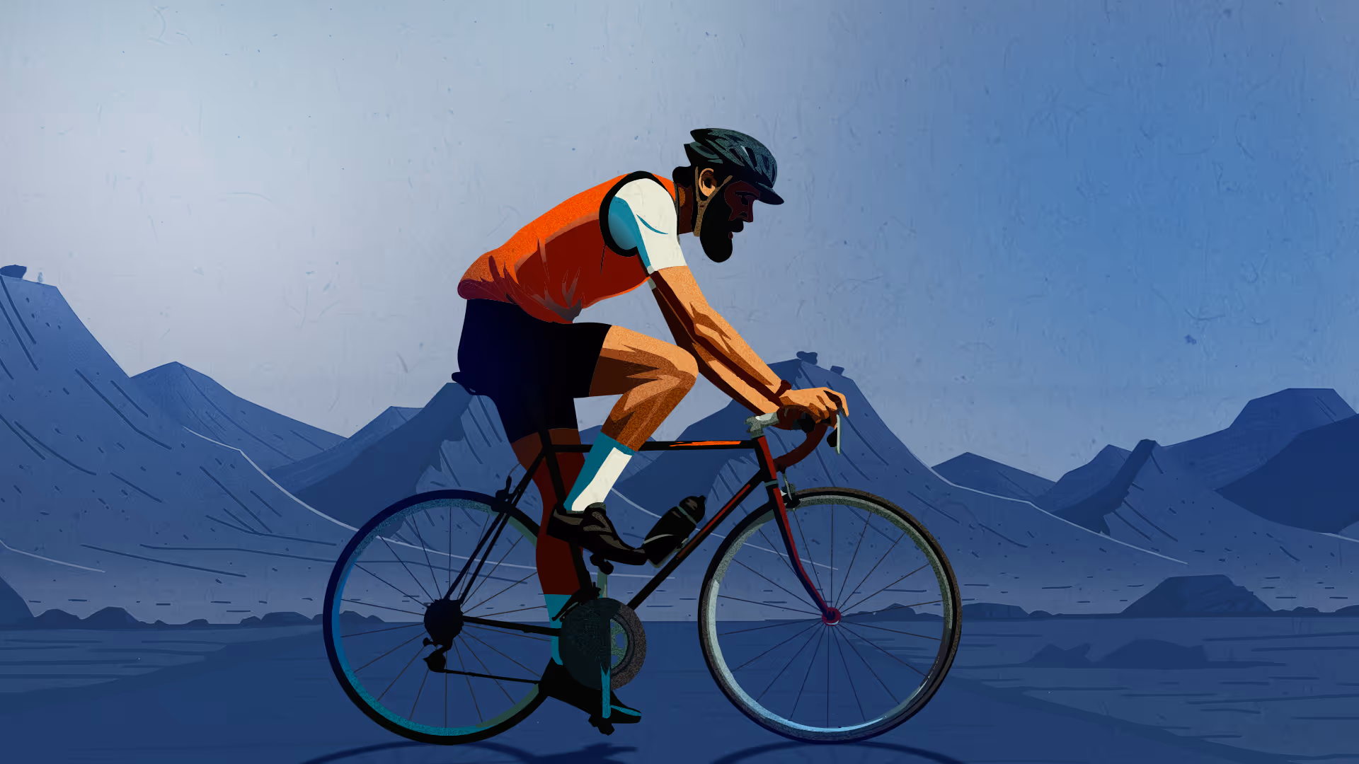 Illustration of a cyclist wearing an orange vest and helmet riding a road bike with mountains in the background.