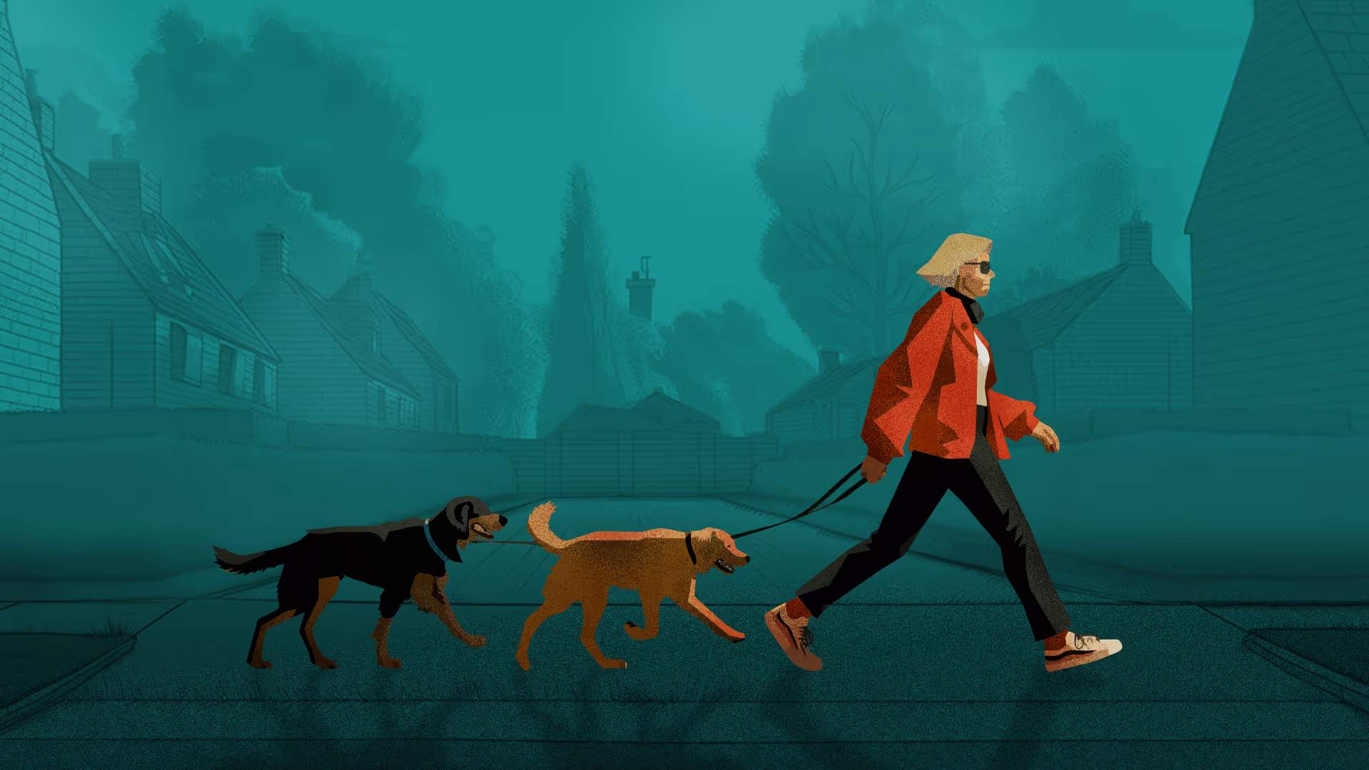 Person in red jacket and sunglasses walking two dogs on leashes in a suburban neighborhood.