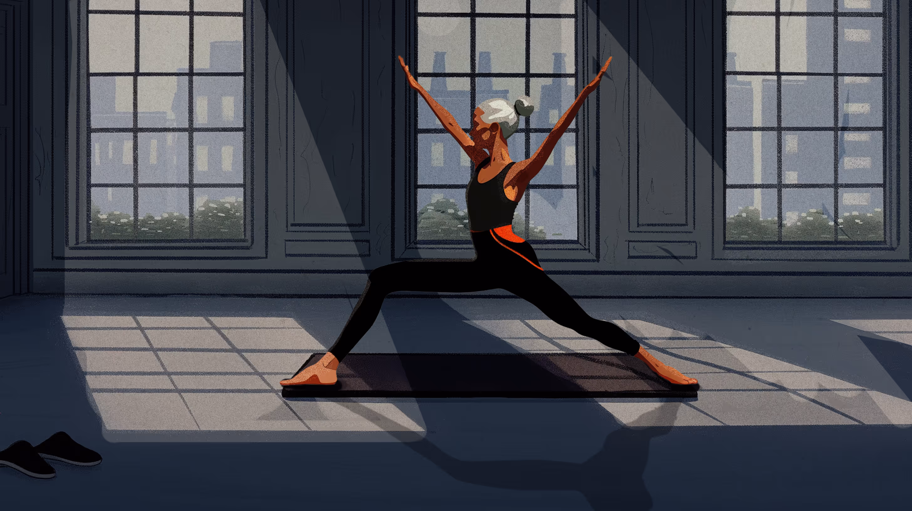 Illustration of a woman performing a warrior yoga pose on a mat in a sunlit room with large windows.