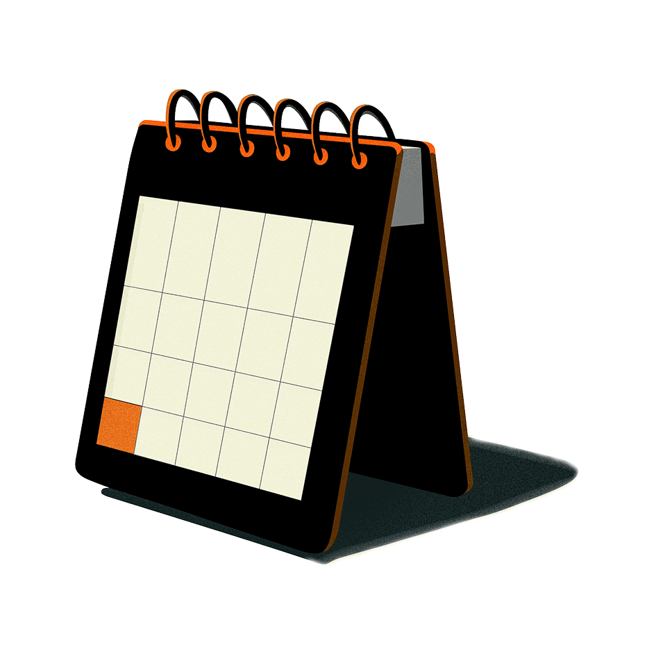 A black desktop flip calendar with orange binding displaying a blank grid and one orange highlighted square in the bottom left.