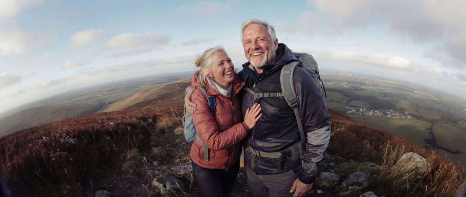 Smiling older couple with backpacks standing on a rocky hillside overlooking a vast rural landscape.