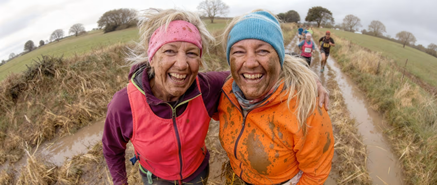 Two smiling women covered in mud embracing during a muddy outdoor trail run with other runners in the background.