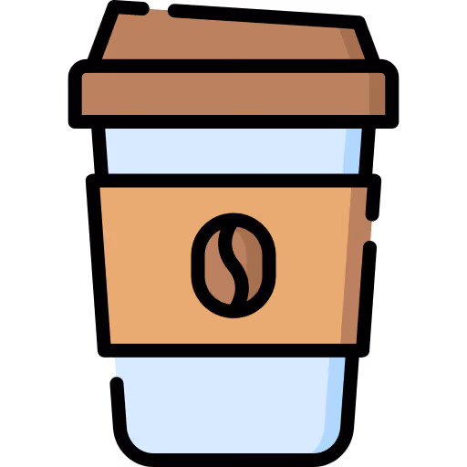 Ein Pappbecher mit Plastikdeckel und Kaffeebohnen-Symbol darauf.