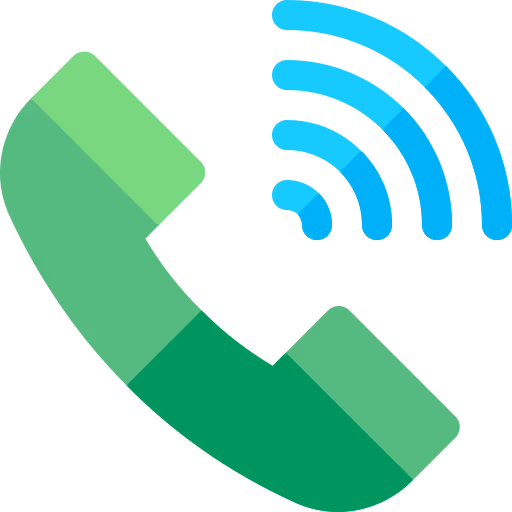 Grüner Telefonhörer mit blauen Wellen, die ein Signal darstellen.