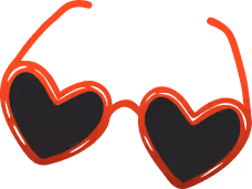 Lunettes de soleil avec des verres en forme de cœur rouges.