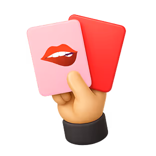 Main tenant deux cartes, une rose avec une illustration de lèvres rouges mordant une dent, l'autre rouge.