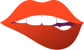 Lèvres rouges mordillant la lèvre inférieure révélant des dents blanches.
