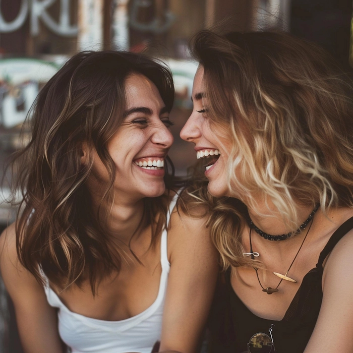 Deux jeunes femmes souriant et riant ensemble, en gros plan.