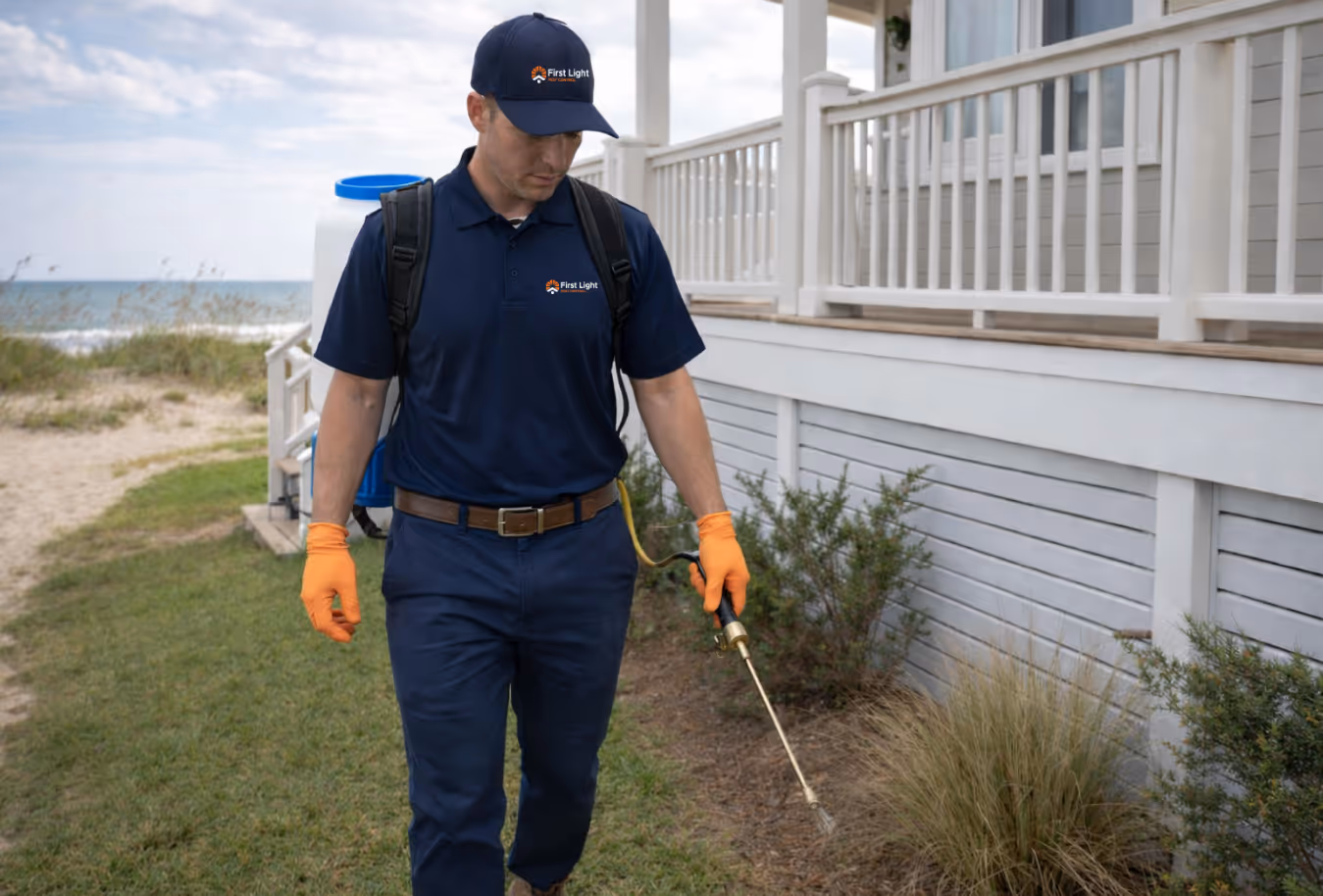 Professional pest technician treating the exterior of a home to prevent insects and pests.