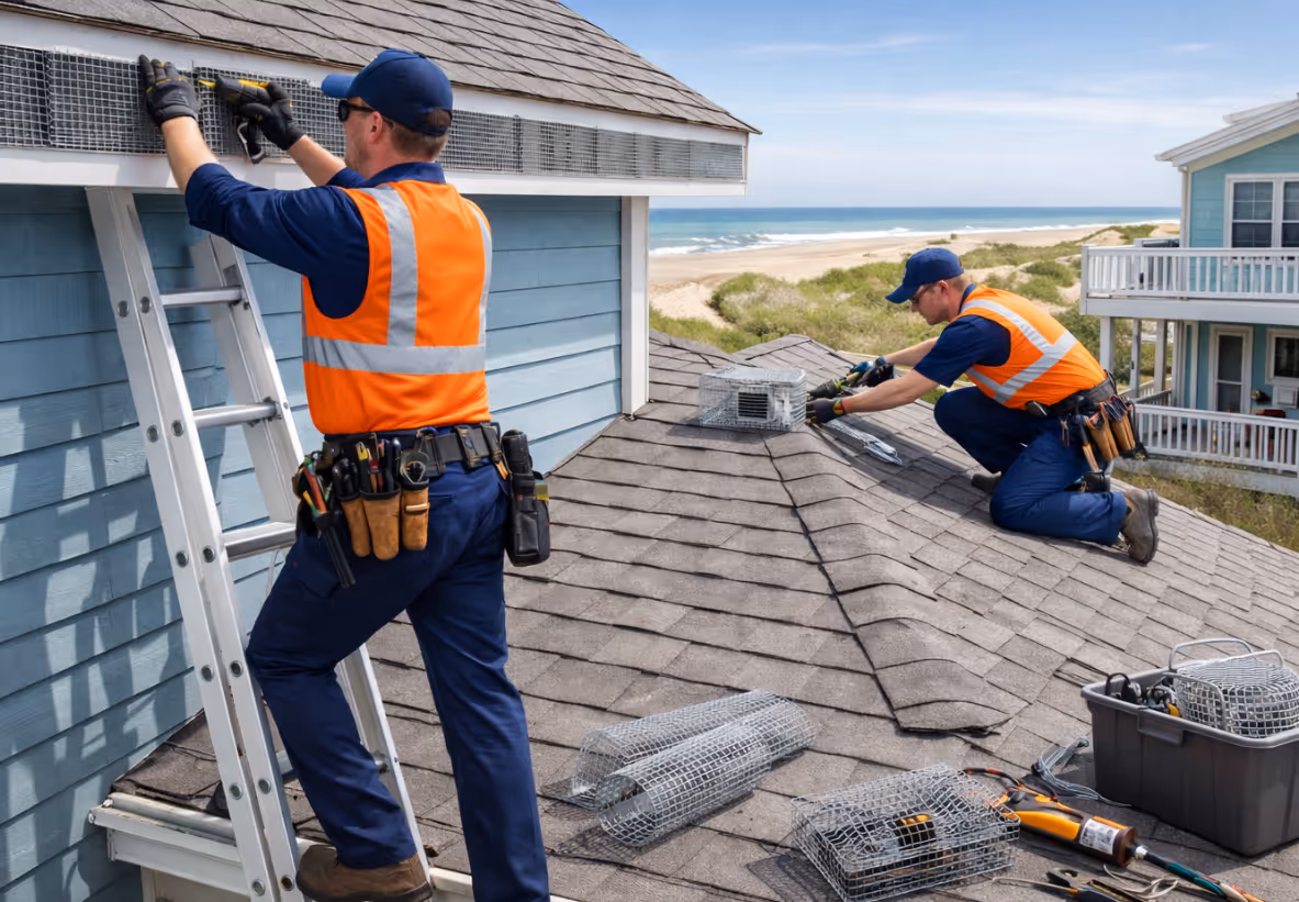 Wildlife technicians installing roof exclusion and traps to remove raccoons or squirrels from a coastal home.