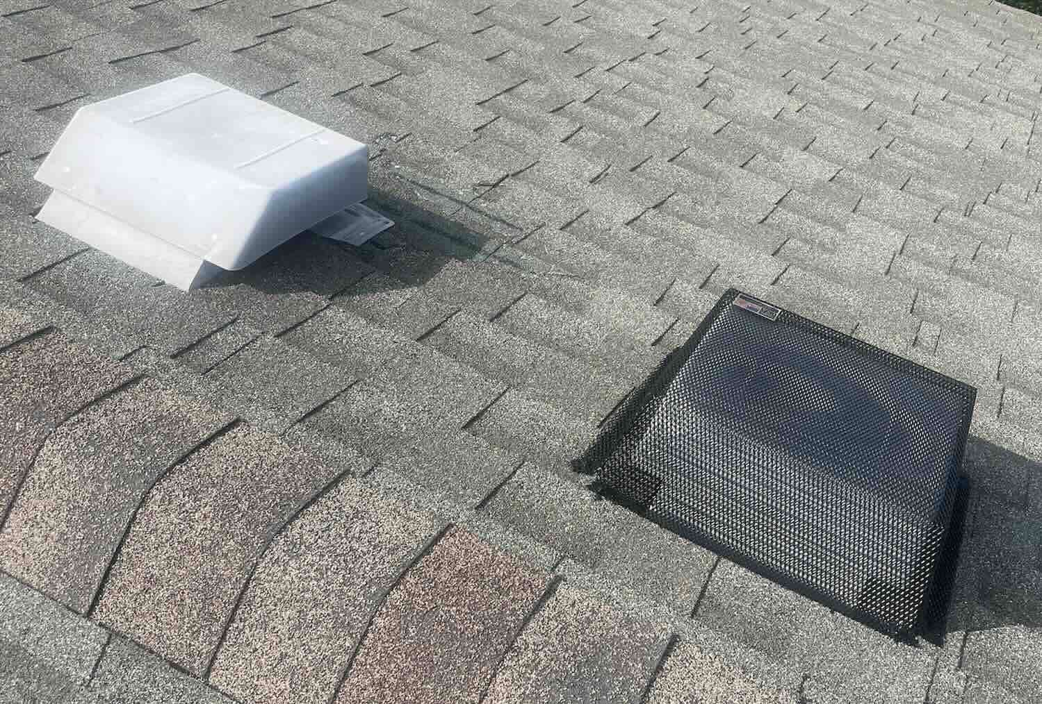 Roof vent before and after photo of rodent exclusion material installed