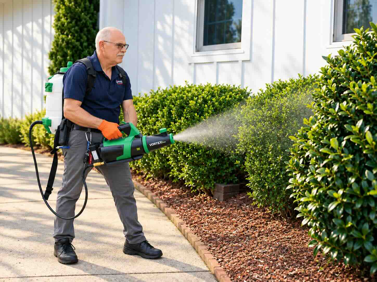 Professional pest technician treating the exterior of a home to prevent insects and pests.