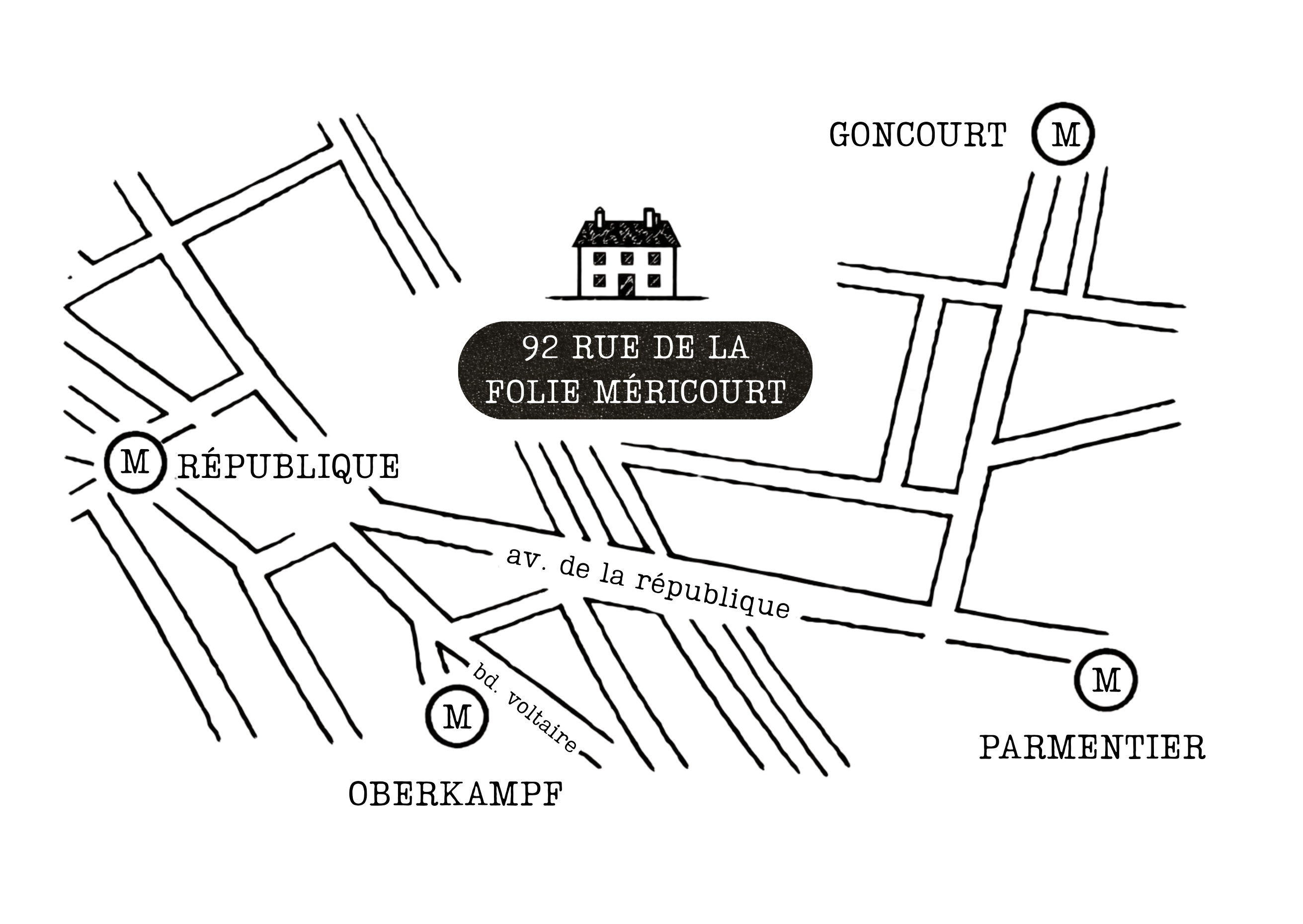 Carte schématique avec une maison marquant l'emplacement au 92 rue de la Folie Méricourt à Paris.