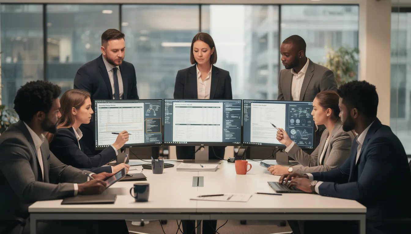 A professional team is collaborating at a conference table, reviewing security documentation displayed on computer screens, focusing on aspects of SOC 2 compliance and security controls. They are engaged in discussions about the audit process and preparing for the final audit, emphasizing the importance of security awareness training and identifying gaps in their compliance program.