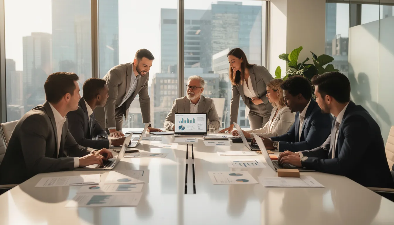 A diverse business team is gathered around a conference table, collaborating with laptops open as they discuss strategies for achieving SOC 2 compliance. The atmosphere is focused on security controls and the audit process, highlighting their commitment to data security and effective internal resources.
