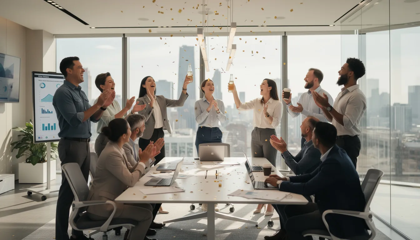 A diverse team is joyfully celebrating a business milestone in a sleek, modern office, with smiles and clinking glasses, symbolizing their achievement in navigating the complex compliance process, including SOC 2 certification and security controls. The atmosphere is filled with excitement as they reflect on their hard work and dedication to maintaining data security and achieving compliance.