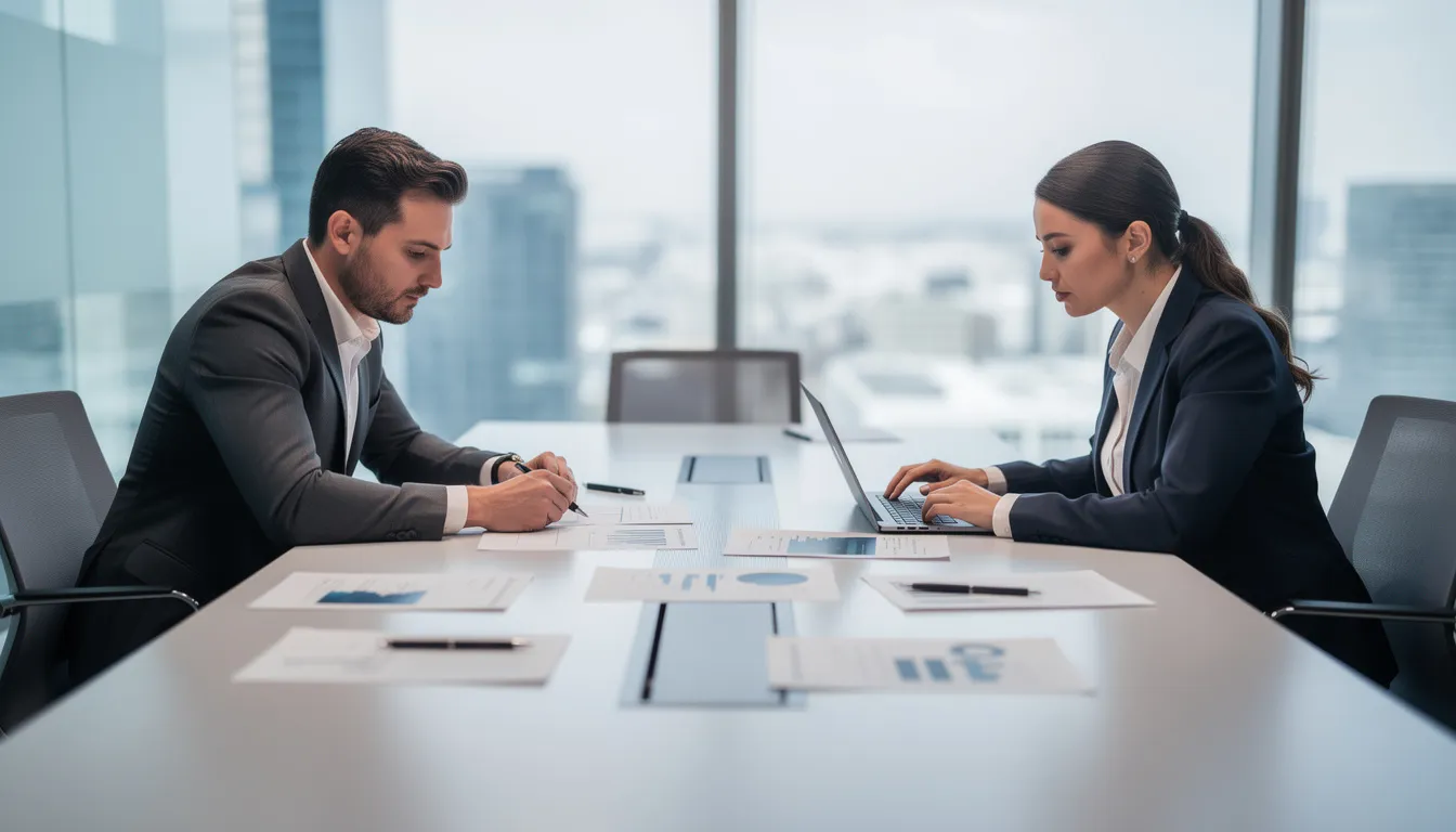 A professional business meeting is taking place at a conference table where two individuals are reviewing documents, likely related to the organization's internal control environment and upcoming audits. The atmosphere suggests a focus on compliance and operational effectiveness, possibly discussing the next scheduled audit and the significance of maintaining trust through effective control processes.
