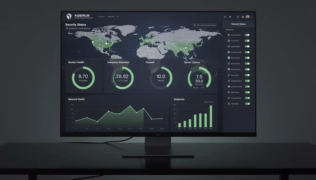 The image depicts a dashboard screen displaying security monitoring metrics, featuring green status indicators that signify the organization’s internal control environment is operating effectively. This visual representation emphasizes the organization’s commitment to maintaining compliance and assurance for its service organization.