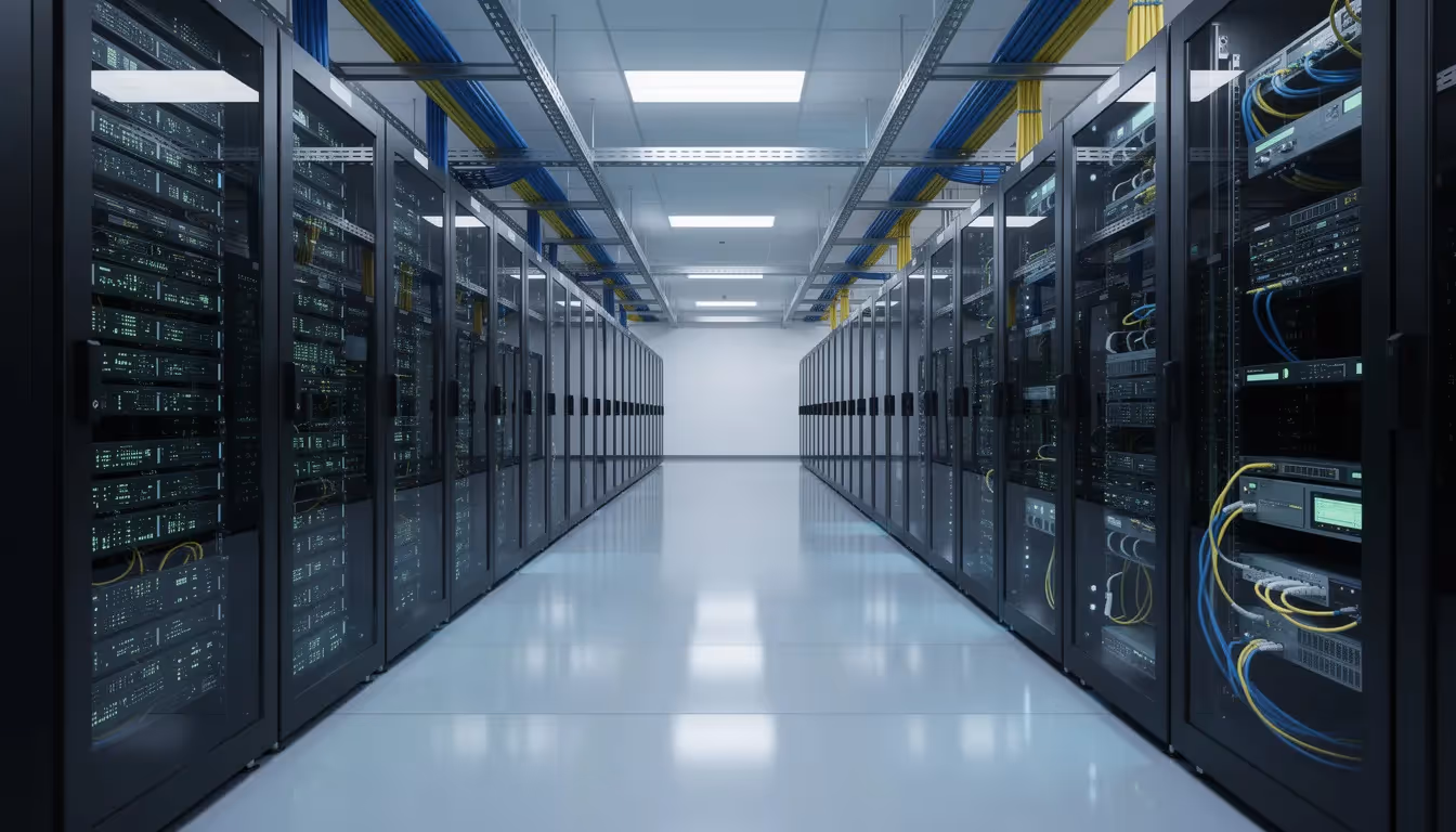 The image depicts a modern cloud data center filled with rows of servers and networking equipment, showcasing the infrastructure that supports the processing integrity and security controls necessary for protecting sensitive data. This environment is crucial for service organizations to ensure compliance with SOC 2 standards and maintain the operational effectiveness of their information security management systems.