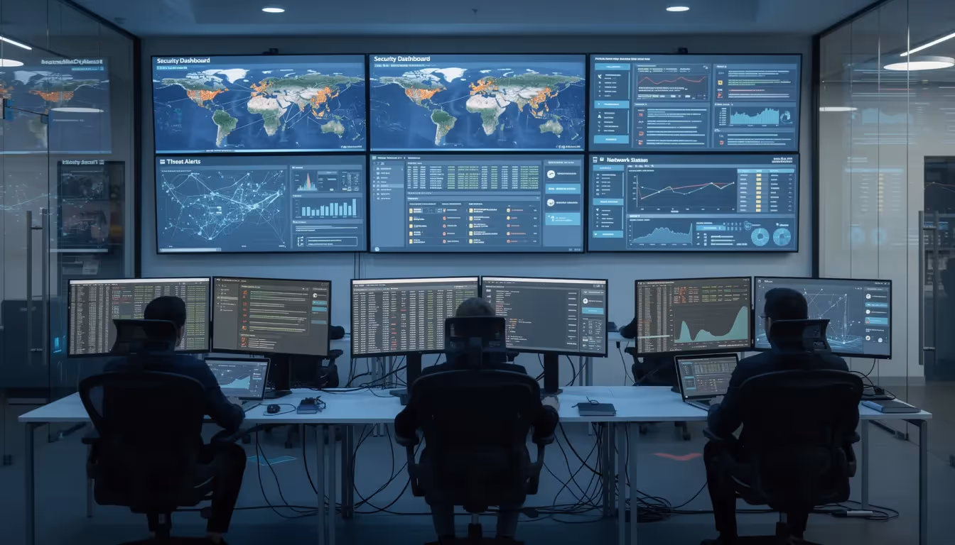 The image depicts a security operations center filled with multiple monitors displaying various dashboards related to information security management. These dashboards likely showcase real-time data on security controls, risk management, and the organization's security posture, crucial for protecting sensitive data and ensuring compliance with SOC 2 type II standards.