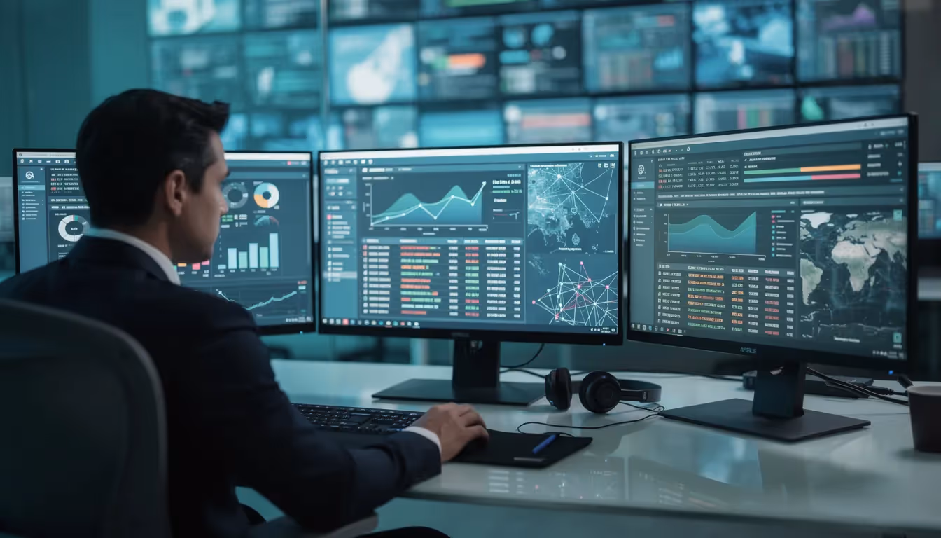 A professional is intently reviewing security monitoring dashboards displayed on multiple computer screens, focusing on the organization's controls related to data protection and compliance efforts with SOC 2 standards. The screens show various metrics and graphs that reflect the effectiveness of security measures and the organization's current security posture in protecting sensitive customer data.