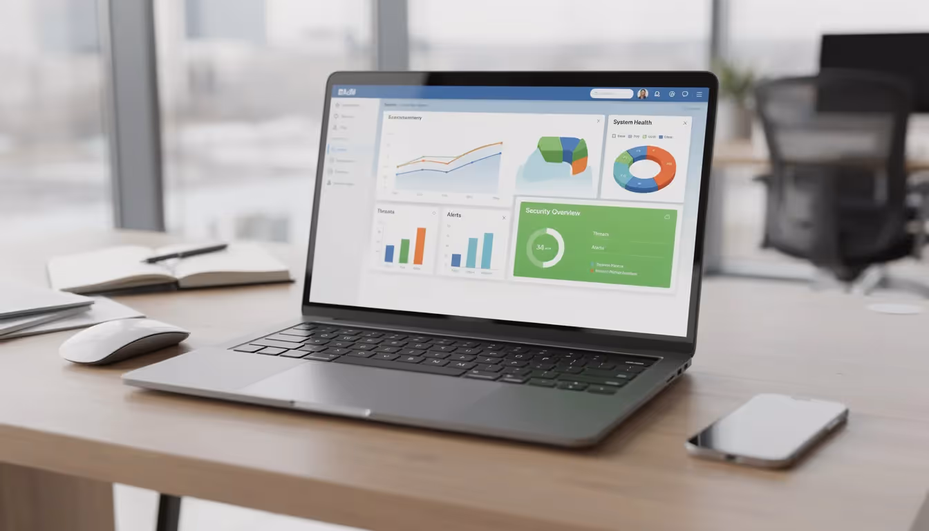 The image shows a laptop screen displaying a security software dashboard filled with various charts and graphs, set in a modern workspace environment. This dashboard likely reflects key metrics related to the organization's internal controls and compliance with SOC 2 standards, emphasizing the importance of data security and risk management in protecting sensitive customer data.