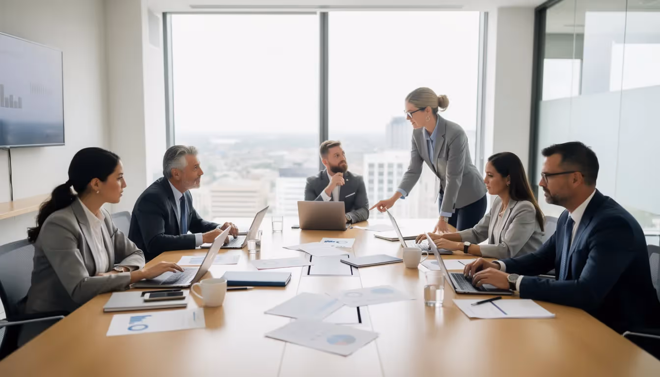 A professional team is collaborating around a conference table, equipped with laptops and documents, discussing strategies to enhance their organization's internal controls and ensure SOC 2 compliance. The atmosphere is focused on operational effectiveness and protecting sensitive customer data, reflecting their commitment to data security and adherence to the relevant trust services criteria.