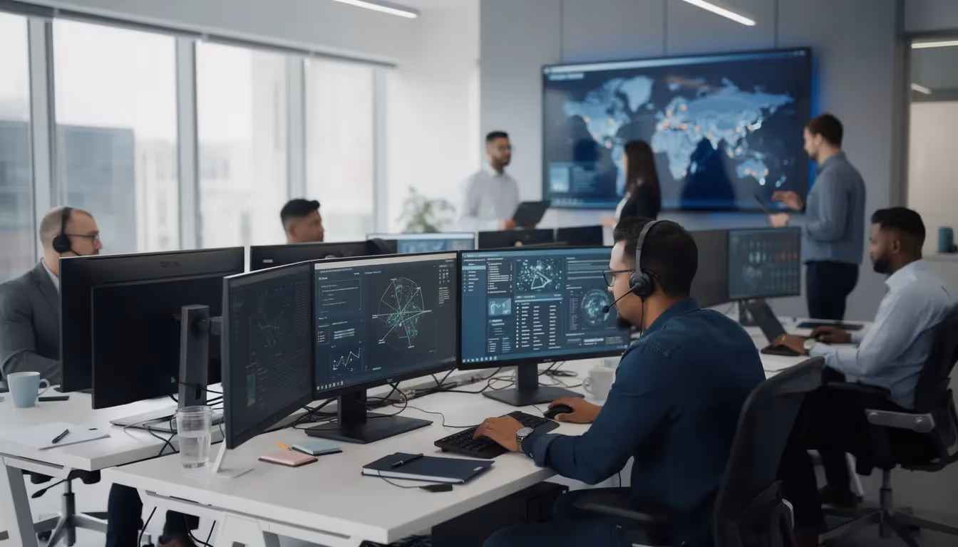 The image depicts IT security professionals focused on their computer workstations in a modern office environment, collaborating on ensuring the organization's controls for protecting sensitive customer data. They are engaged in activities related to compliance efforts, data security, and the audit process to maintain the operational effectiveness of their security posture.