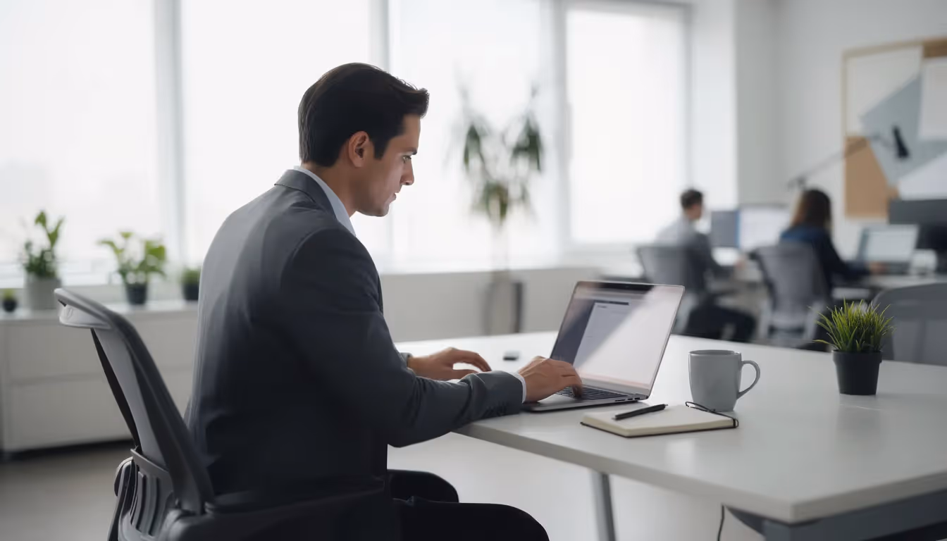 The image depicts a professional seated at a sleek desk in a modern office, focused intently on their laptop. The environment suggests a commitment to productivity and security, highlighting the importance of strong password policies and practices for protecting sensitive data.