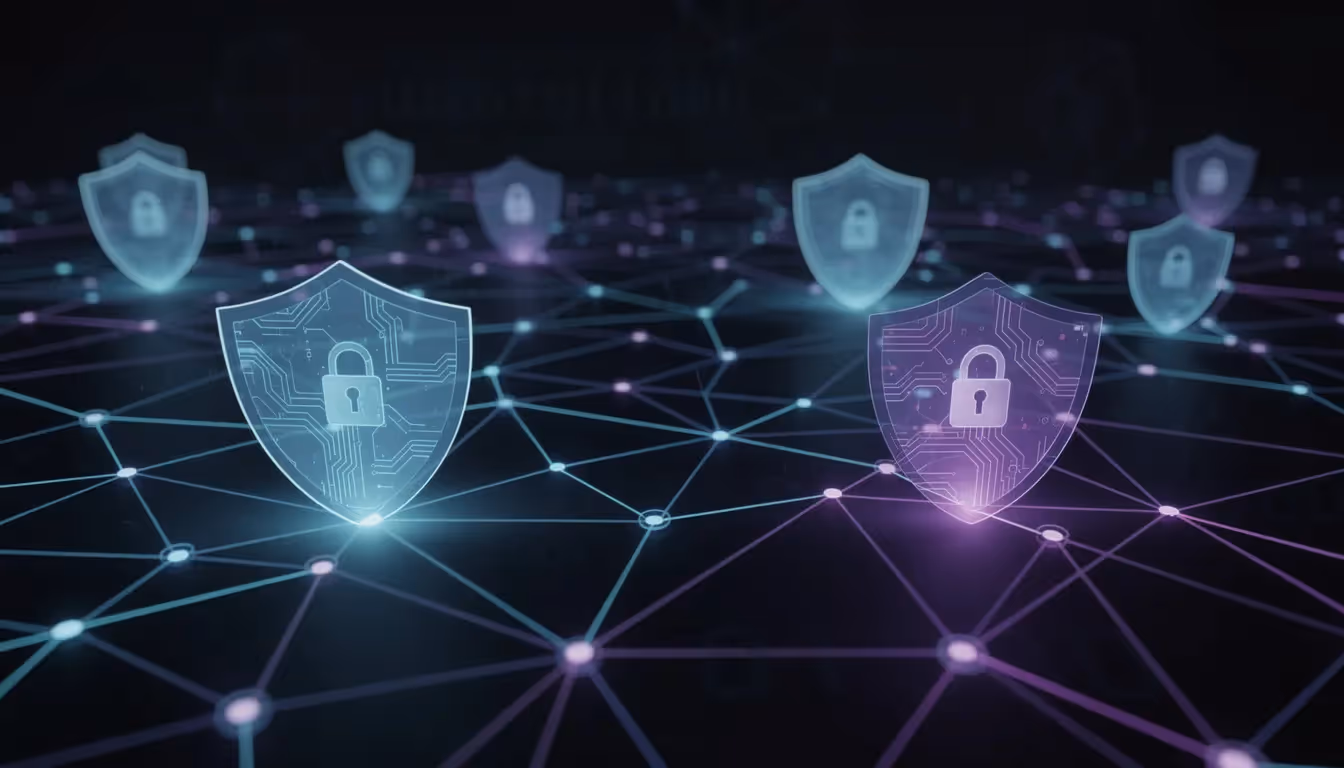 The image features an abstract visualization of interconnected network nodes surrounded by security shields, symbolizing the concept of penetration testing and its role in identifying vulnerabilities within complex environments. This representation highlights the importance of security posture and the need for thorough evaluations to uncover potential security weaknesses.