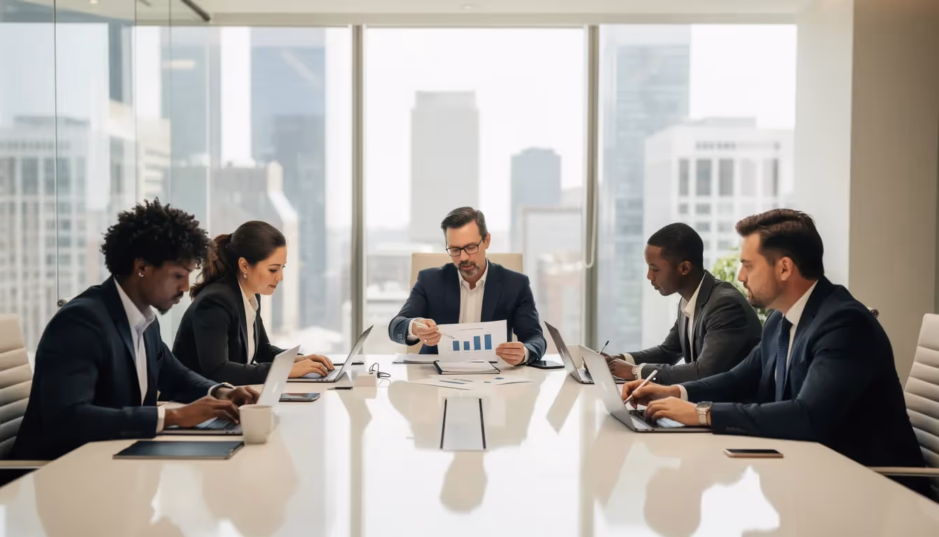 A diverse business team is gathered in a sleek, modern conference room, actively reviewing documents and discussing information displayed on their laptops. They appear focused on identifying vulnerabilities and enhancing their security posture through effective penetration testing services.