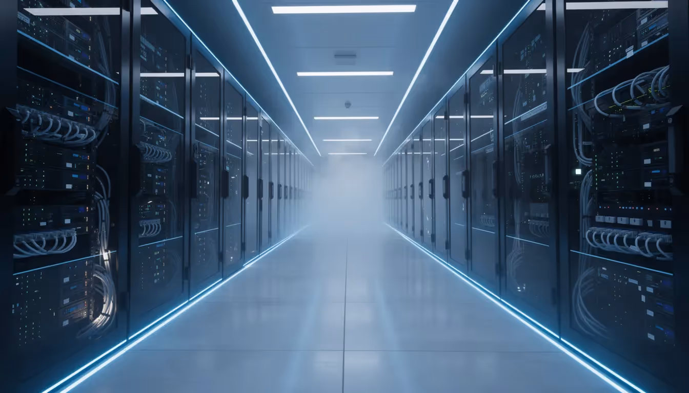 The image depicts a modern data center featuring rows of server racks illuminated by blue lighting, emphasizing a high-tech environment essential for data security and processing integrity. This setup is crucial for service organizations to manage customer data effectively while ensuring compliance with SOC 2 standards and maintaining robust internal controls.