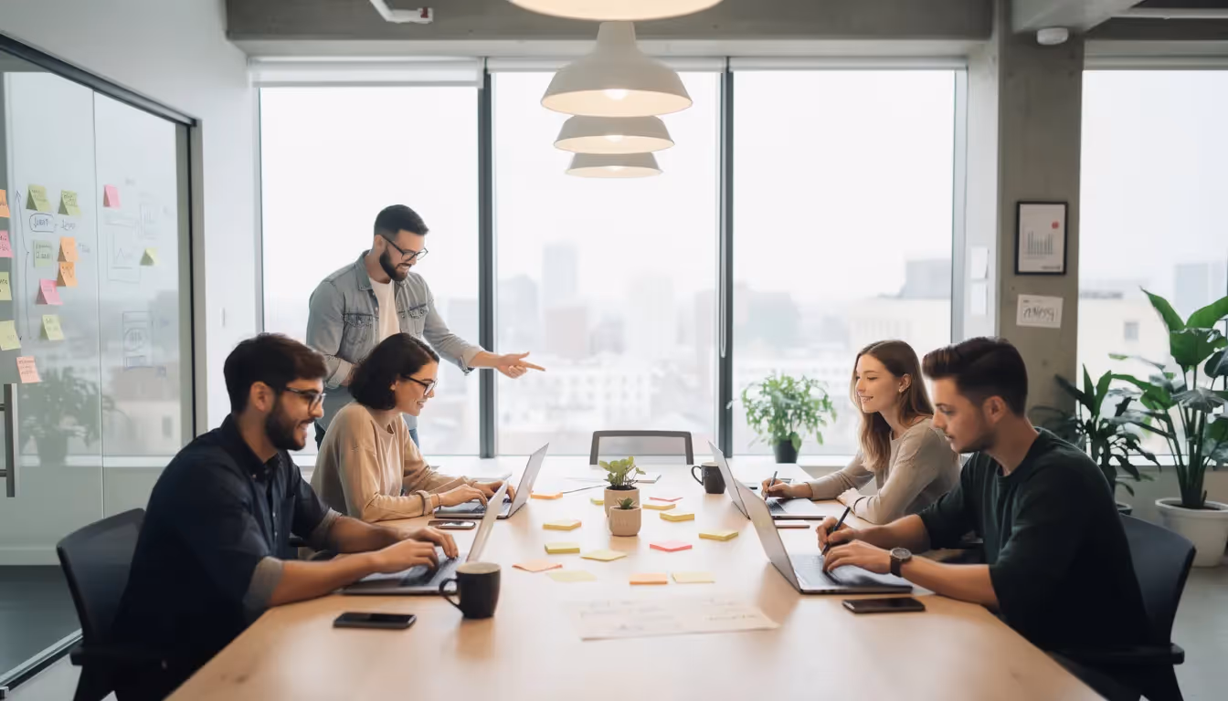 A diverse team is collaborating around laptops in a modern startup office, discussing key control objectives related to financial reporting and data security. The environment reflects a focus on service organization controls, emphasizing the importance of operational effectiveness and transparency in managing client data.