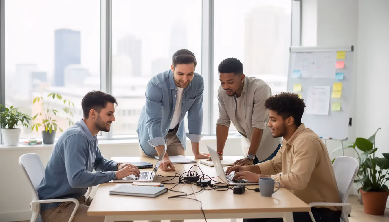 A small team is collaborating around laptops in a modern office space, engaged in discussions about managing information security and conducting risk assessments. The environment reflects a focus on information security management systems, with team members likely reviewing security controls and planning for compliance with ISO 27001 standards.