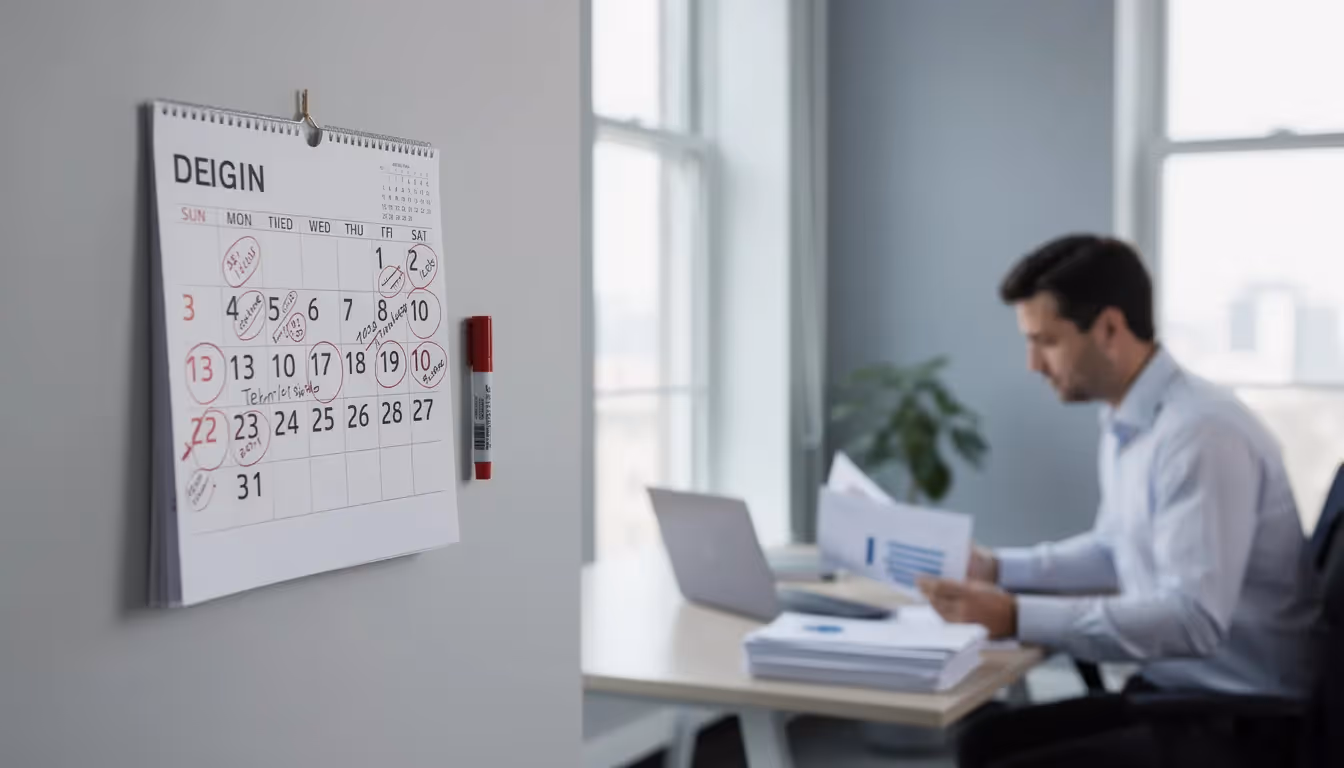 The image shows a calendar with several marked dates, indicating important deadlines, while a person reviews a stack of documents related to managing information security. This scene suggests a focus on risk assessment and the implementation of security controls as part of an information security management system.