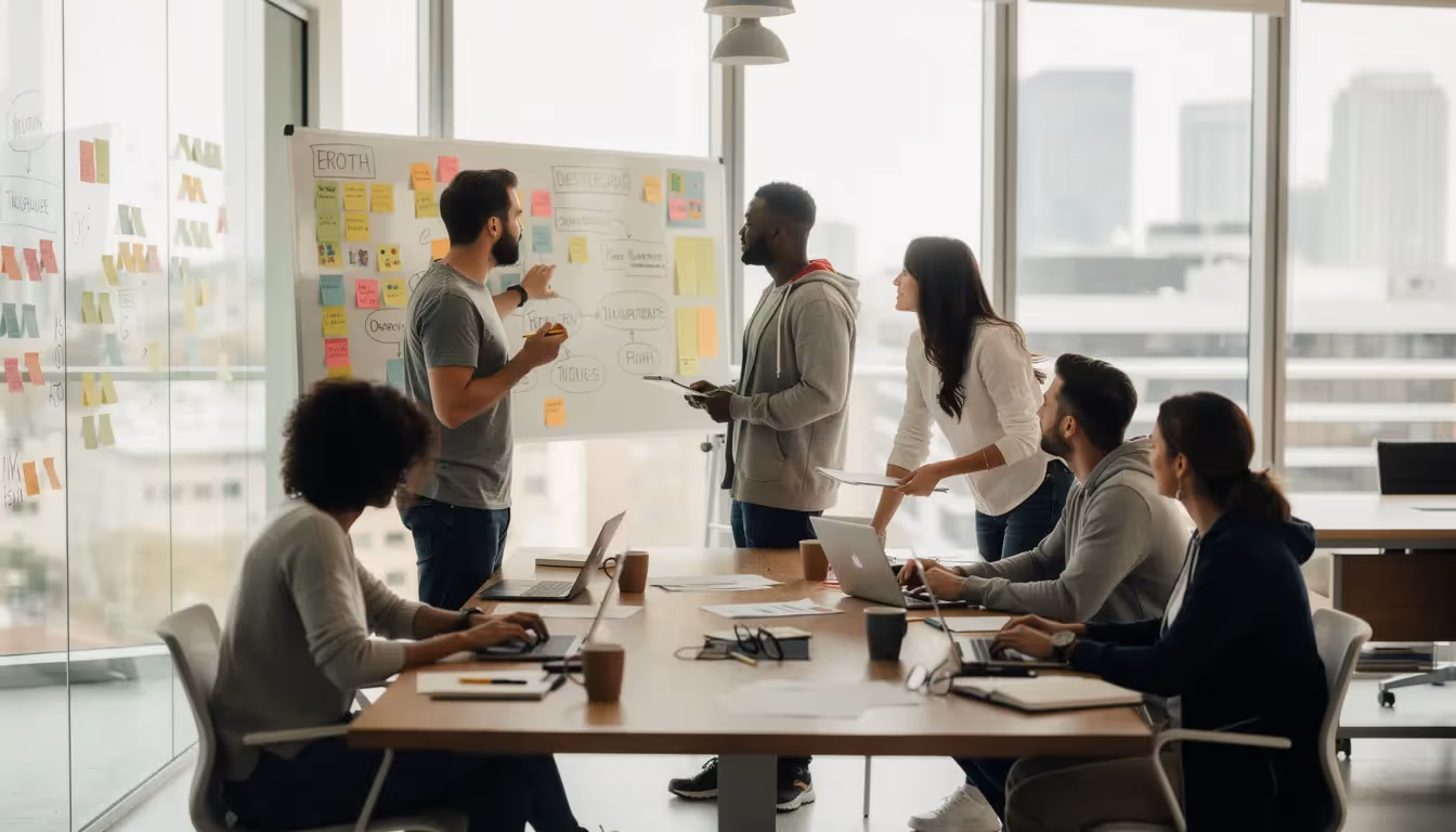 The image depicts a diverse startup team engaged in a collaborative discussion in a modern office, surrounded by laptops and whiteboards filled with notes. They are likely brainstorming ideas related to internal audit processes and information security management systems, emphasizing the importance of effective security controls and compliance within their organization's operations.