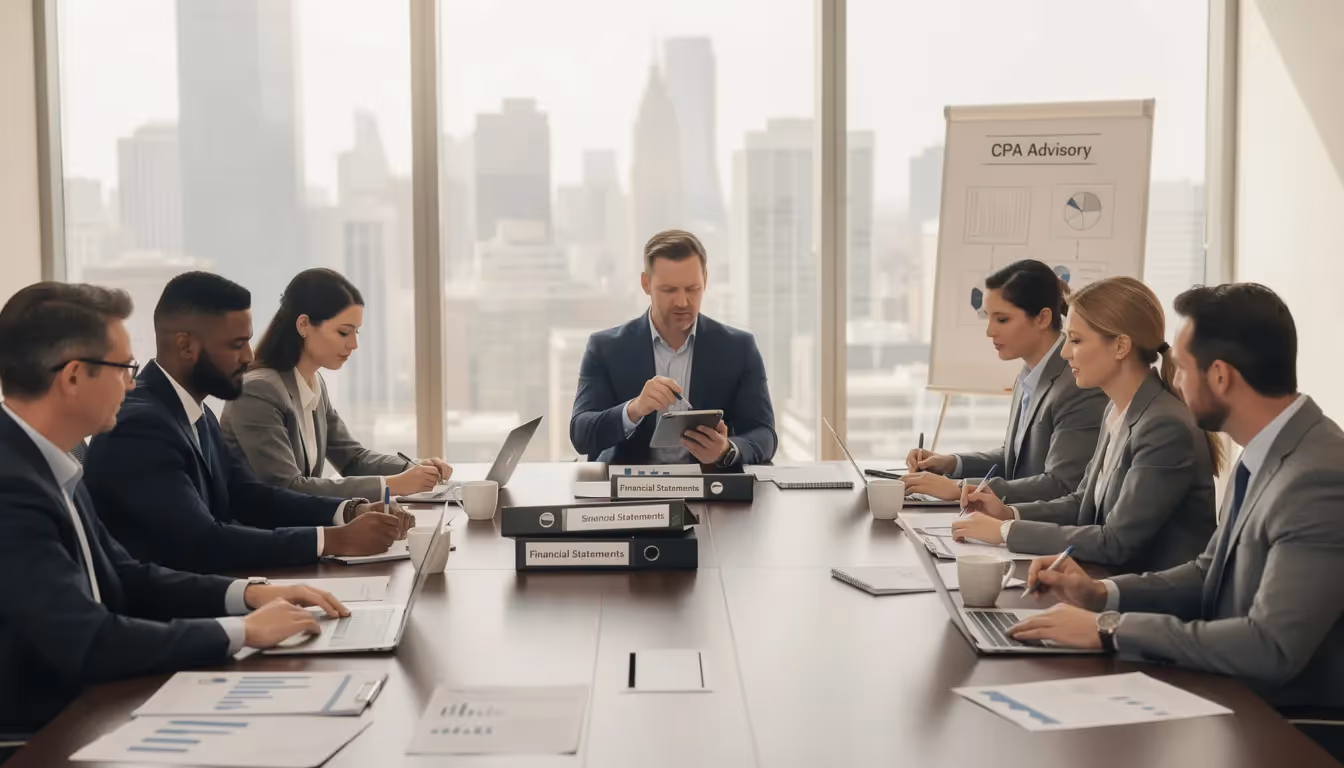 An image depicting a group of certified public accountants (CPAs) engaged in a meeting, discussing financial reporting and compliance programs related to SOC 2 audits. They are reviewing customer data and security controls to ensure the service organization's environment meets AICPA's trust services criteria for protecting sensitive data.