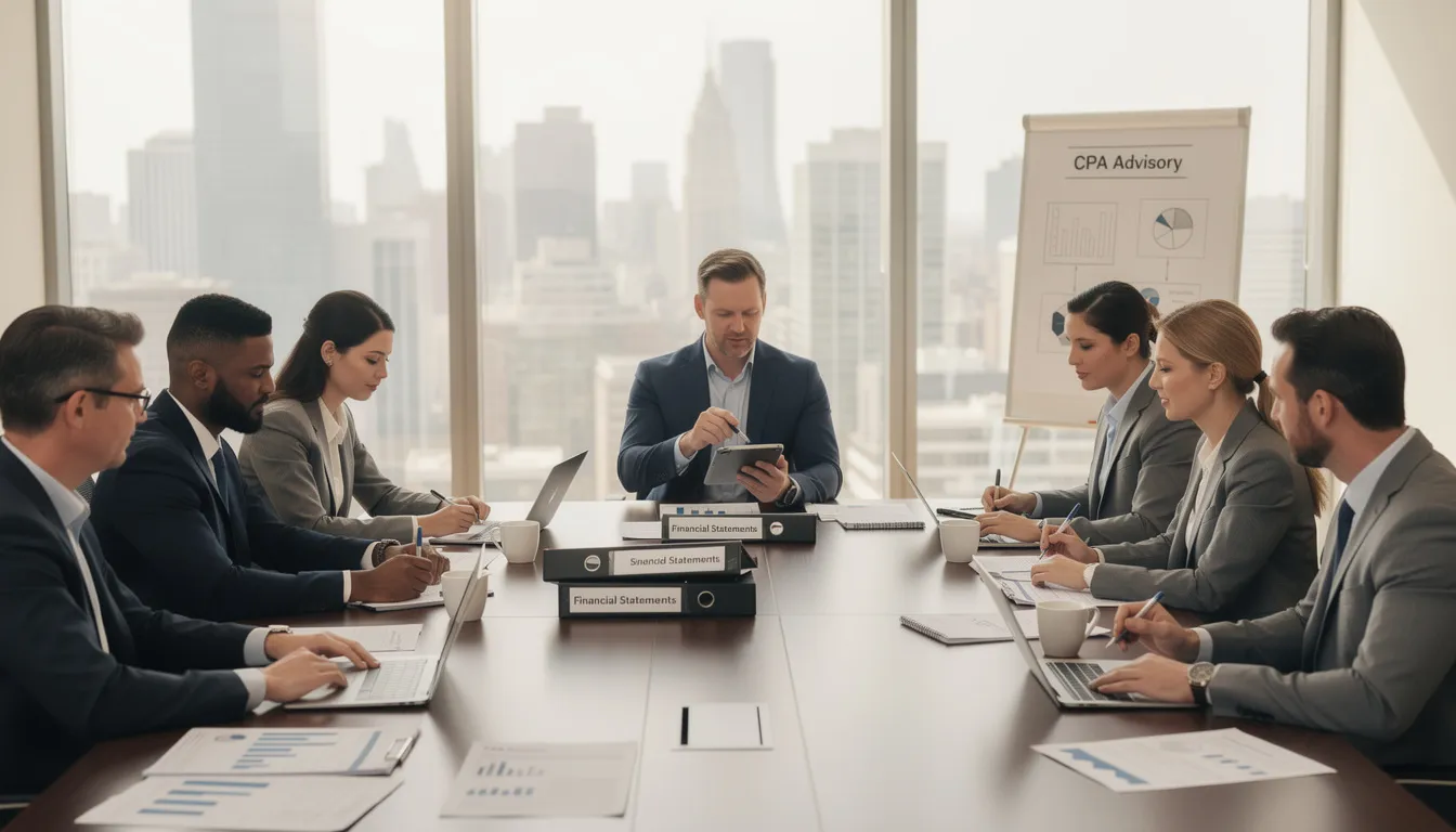 An image depicting a group of certified public accountants (CPAs) engaged in a meeting, discussing financial reporting and compliance programs related to SOC 2 audits. They are reviewing customer data and security controls to ensure the service organization's environment meets AICPA's trust services criteria for protecting sensitive data.