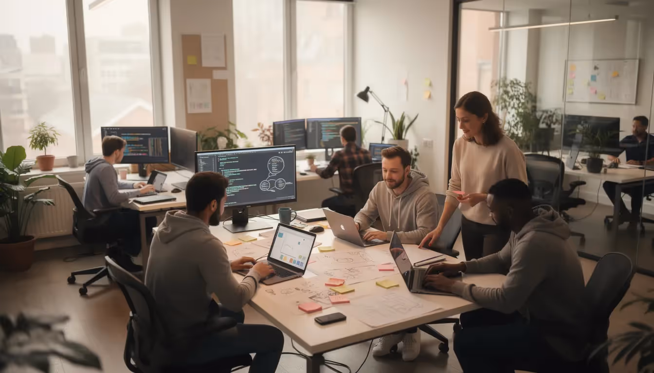 The image depicts a group of developers collaborating at their computers in a modern workspace, highlighting a dynamic environment focused on productivity and teamwork. This setting reflects the importance of implementing an information security management system, such as ISO 27001, to ensure compliance and enhance the overall security posture of the organization.