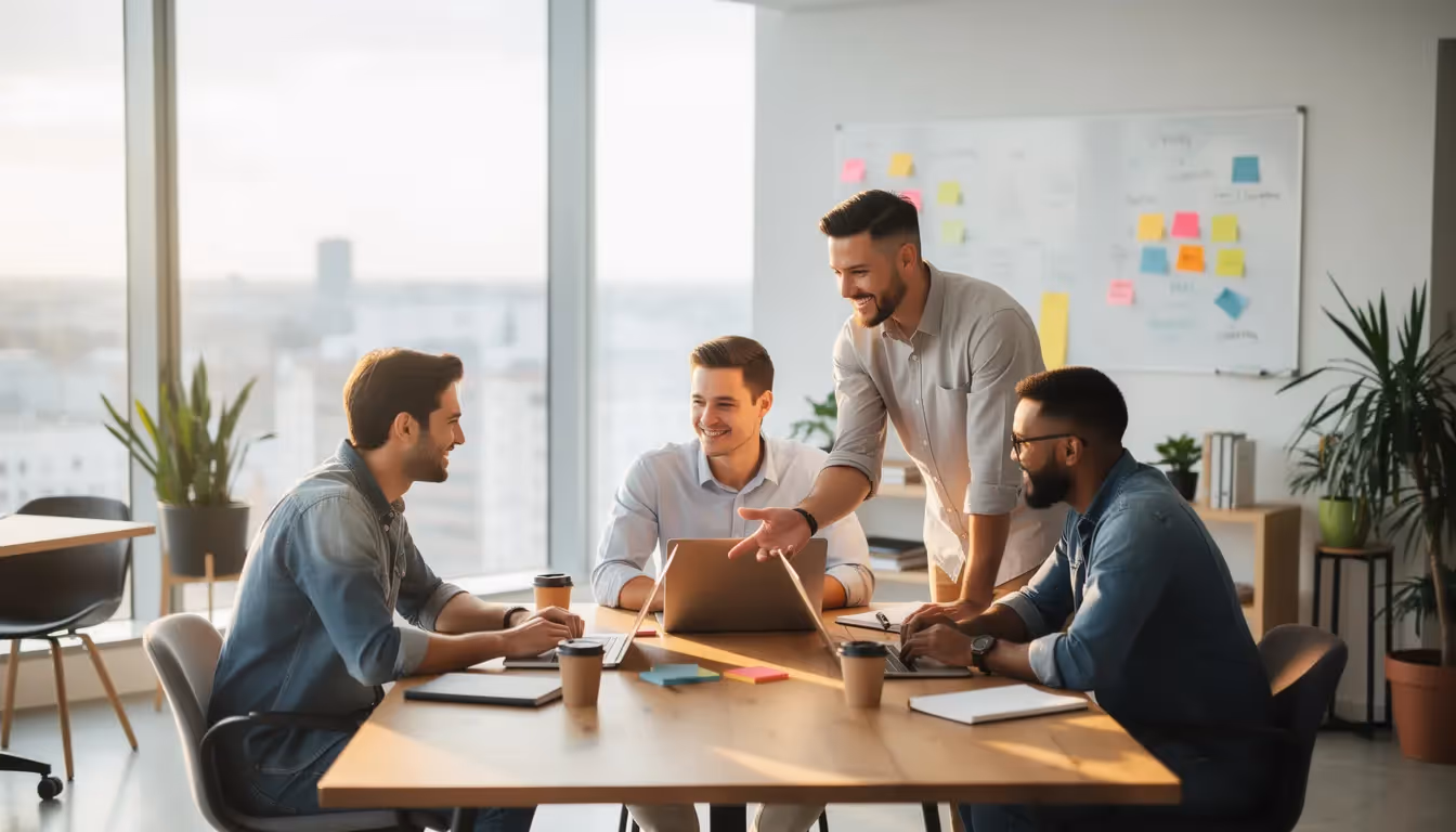 A diverse startup team is collaborating around laptops in a modern office, engaged in discussions that enhance their productivity and operational efficiency. This dynamic environment reflects the importance of teamwork in achieving compliance with information security management systems, such as ISO 27001 certification.