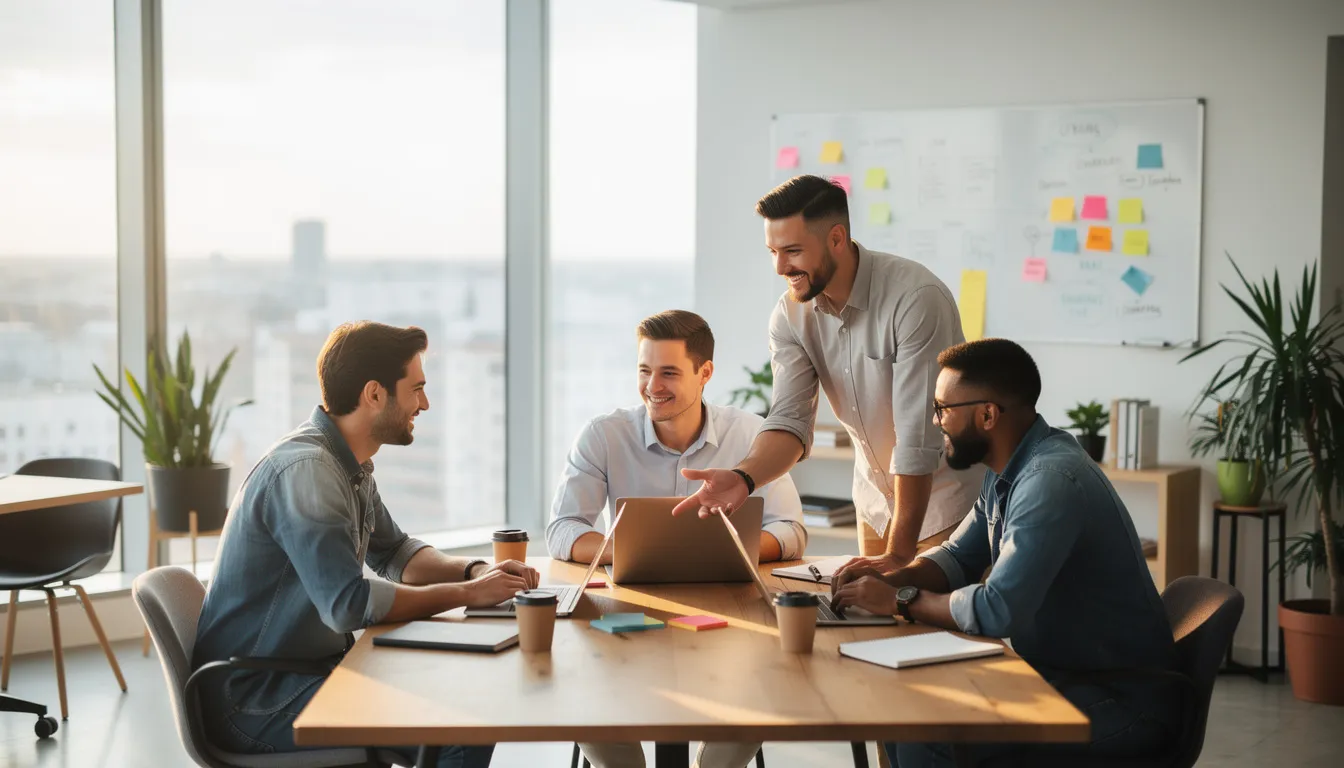 A diverse startup team is collaborating around laptops in a modern office, engaged in discussions that enhance their productivity and operational efficiency. This dynamic environment reflects the importance of teamwork in achieving compliance with information security management systems, such as ISO 27001 certification.