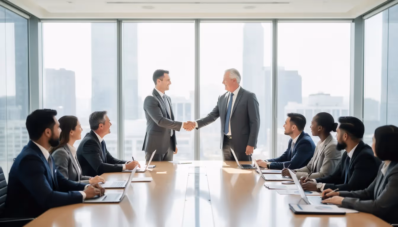 The image shows business professionals engaged in a handshake within a modern meeting room, symbolizing collaboration and partnership. This scene reflects the importance of teamwork in achieving compliance with standards such as ISO 27001, which focuses on information security management systems and maintaining a strong security posture.