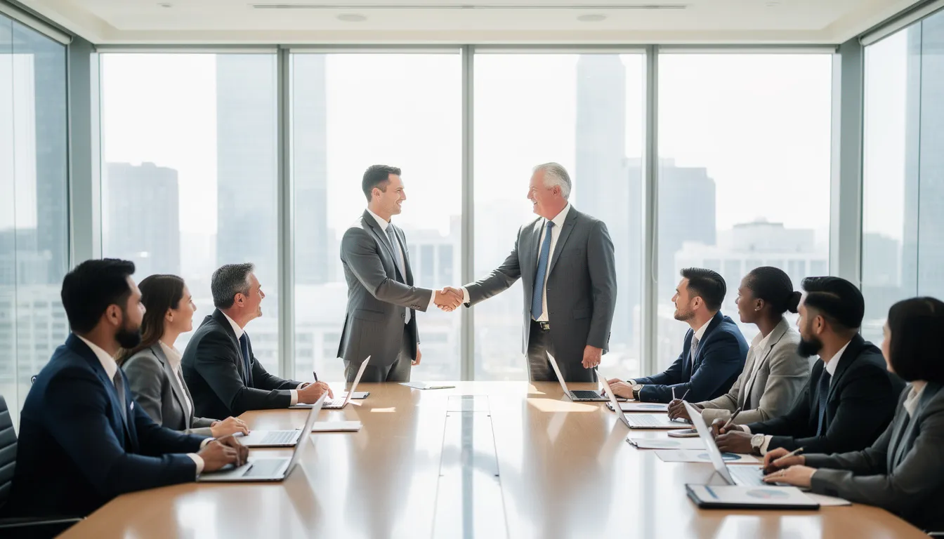 The image shows business professionals engaged in a handshake within a modern meeting room, symbolizing collaboration and partnership. This scene reflects the importance of teamwork in achieving compliance with standards such as ISO 27001, which focuses on information security management systems and maintaining a strong security posture.
