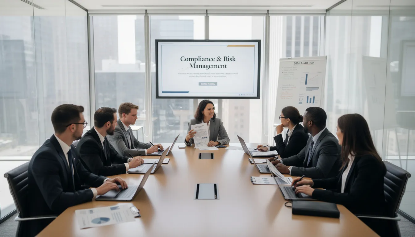 The image depicts a compliance meeting with several professionals gathered around a conference table, discussing topics related to information security management systems and regulatory compliance. They are engaged in a dialogue about security controls and the certification process for ISO 27001 and SOC 2, emphasizing the importance of protecting customer data and managing information security risks.