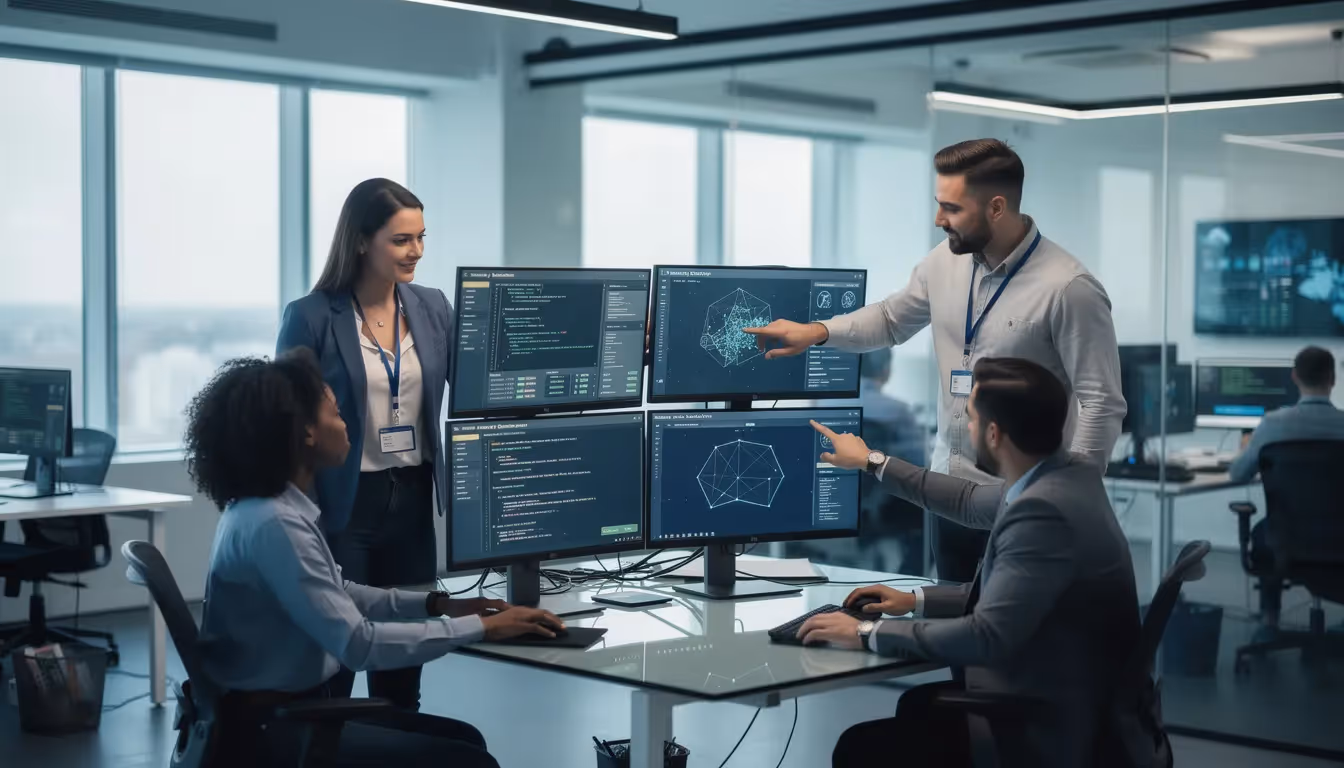 The image depicts a group of security professionals collaborating around computer screens in a modern office, actively discussing penetration testing strategies to identify and address security vulnerabilities in critical systems. Their teamwork emphasizes the importance of proactive measures against cyber threats and enhancing the organization's security posture.